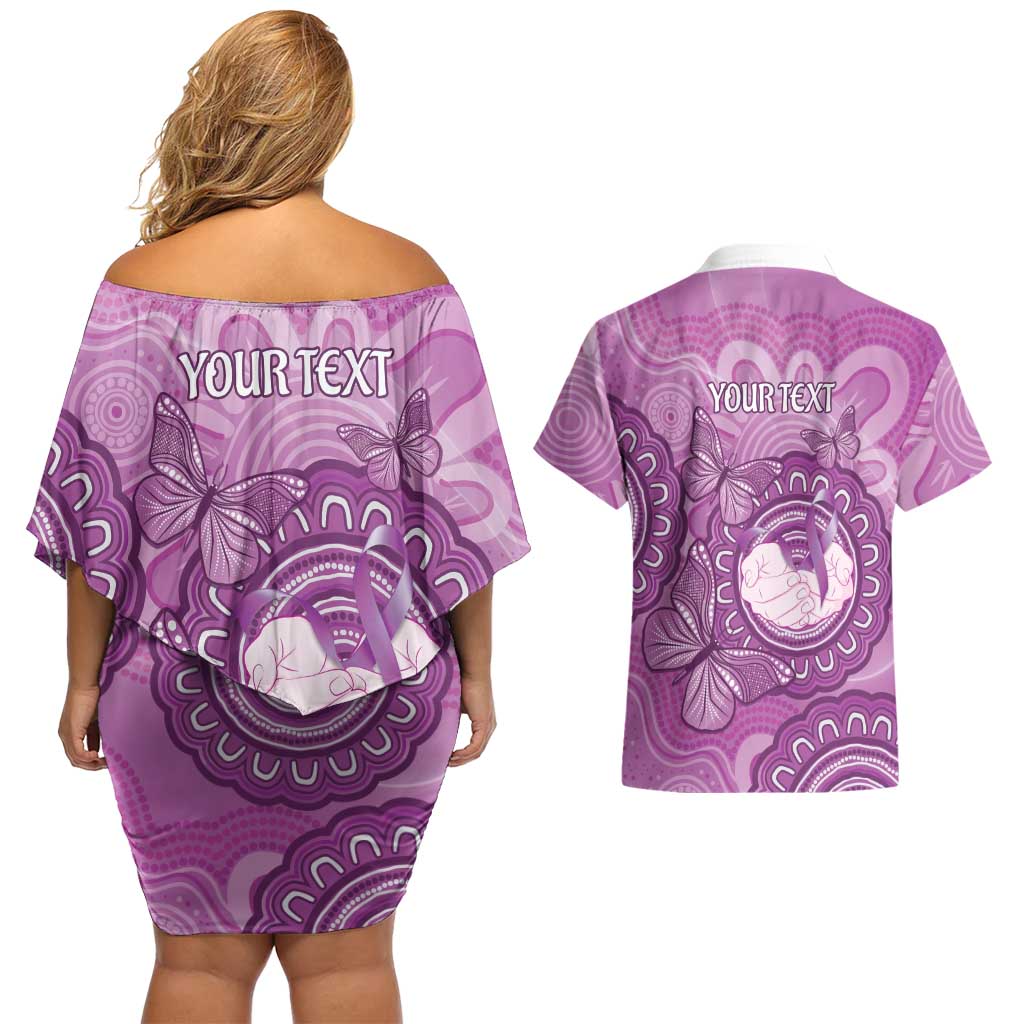 Australia Lupus Awareness Month Personalised Couples Matching Off Shoulder Short Dress and Hawaiian Shirt Warrior Purple Ribbon Butterflies Indigenous Art