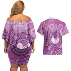 Australia Lupus Awareness Month Personalised Couples Matching Off Shoulder Short Dress and Hawaiian Shirt Warrior Purple Ribbon Butterflies Indigenous Art