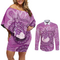 Australia Lupus Awareness Month Personalised Couples Matching Off Shoulder Short Dress and Long Sleeve Button Shirt Warrior Purple Ribbon Butterflies Indigenous Art