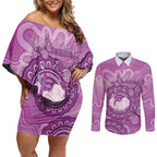 Australia Lupus Awareness Month Personalised Couples Matching Off Shoulder Short Dress and Long Sleeve Button Shirt Warrior Purple Ribbon Butterflies Indigenous Art