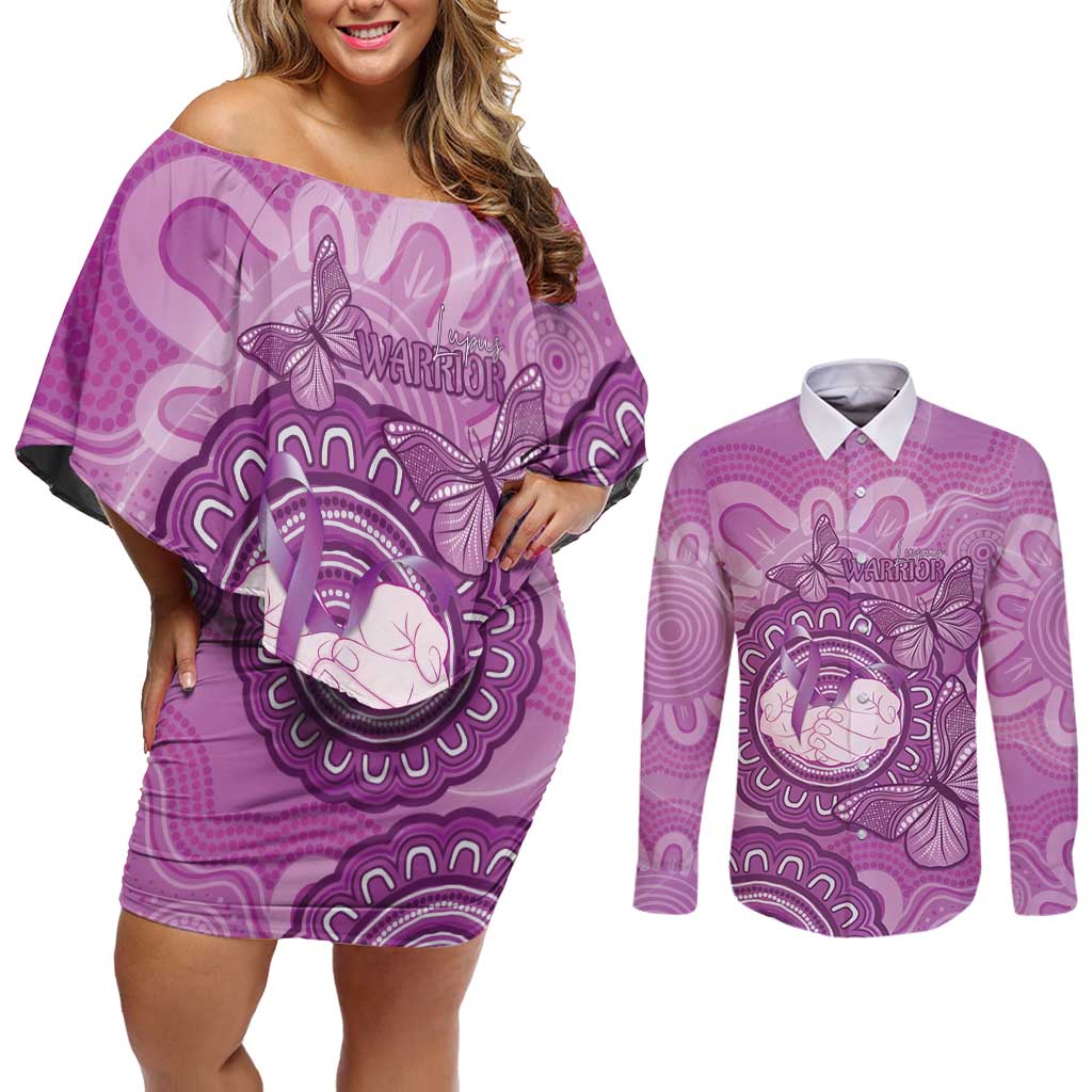 Australia Lupus Awareness Month Personalised Couples Matching Off Shoulder Short Dress and Long Sleeve Button Shirt Warrior Purple Ribbon Butterflies Indigenous Art