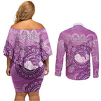 Australia Lupus Awareness Month Personalised Couples Matching Off Shoulder Short Dress and Long Sleeve Button Shirt Warrior Purple Ribbon Butterflies Indigenous Art