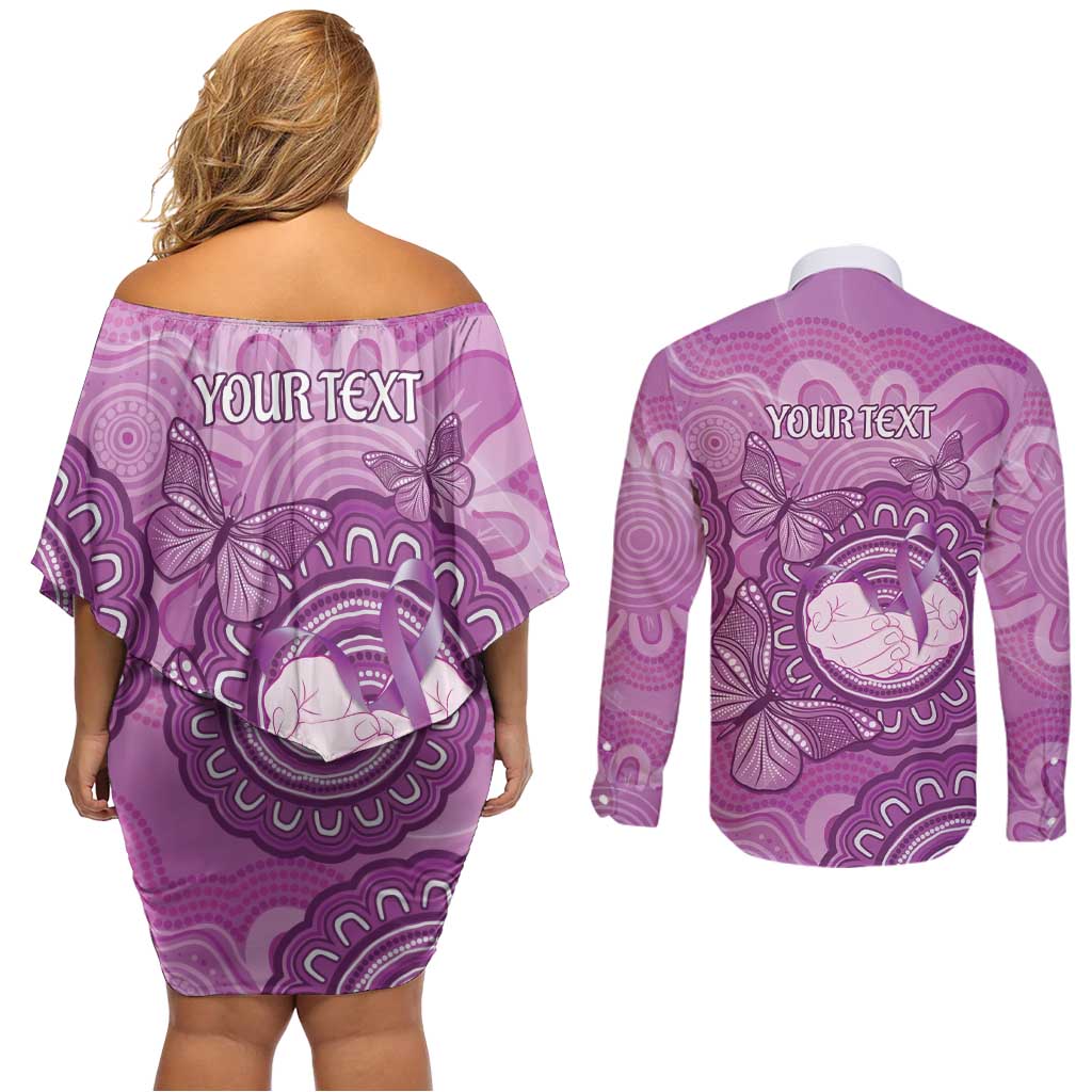 Australia Lupus Awareness Month Personalised Couples Matching Off Shoulder Short Dress and Long Sleeve Button Shirt Warrior Purple Ribbon Butterflies Indigenous Art