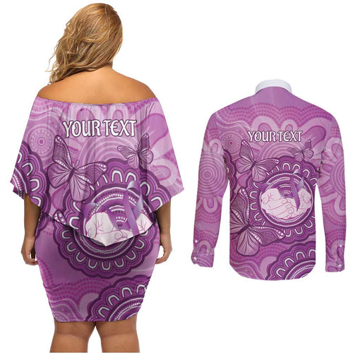 Australia Lupus Awareness Month Personalised Couples Matching Off Shoulder Short Dress and Long Sleeve Button Shirt Warrior Purple Ribbon Butterflies Indigenous Art