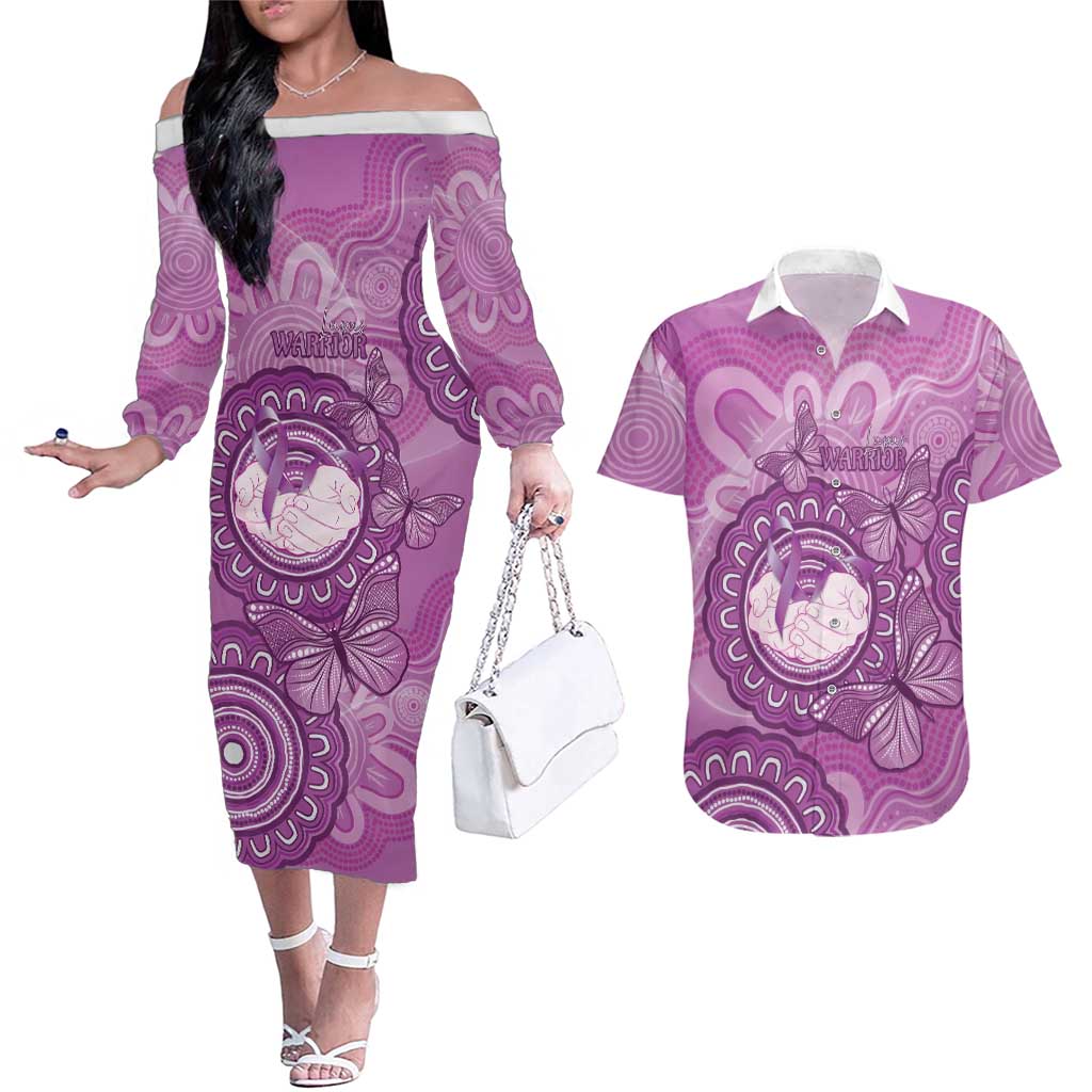 Australia Lupus Awareness Month Personalised Couples Matching Off The Shoulder Long Sleeve Dress and Hawaiian Shirt Warrior Purple Ribbon Butterflies Indigenous Art