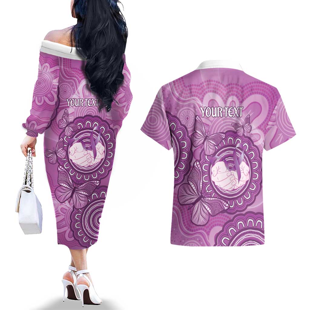 Australia Lupus Awareness Month Personalised Couples Matching Off The Shoulder Long Sleeve Dress and Hawaiian Shirt Warrior Purple Ribbon Butterflies Indigenous Art