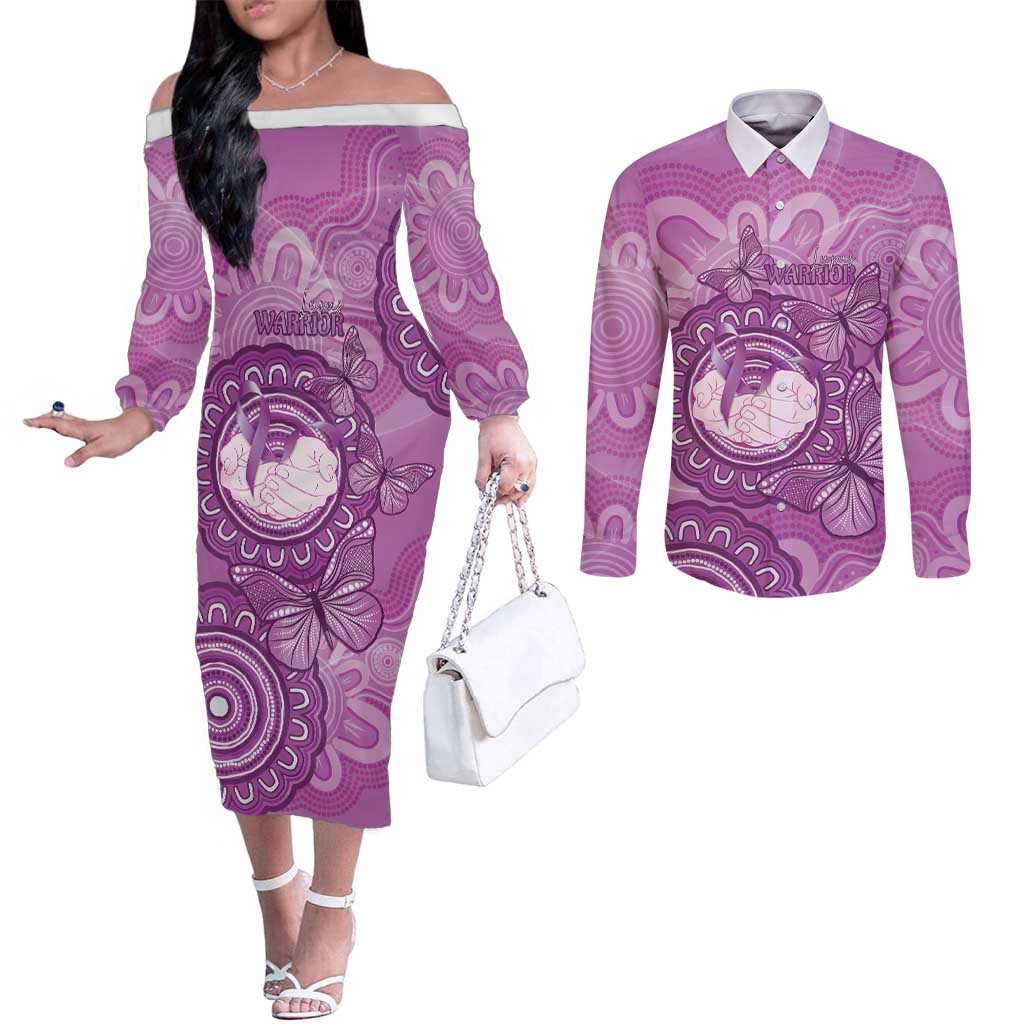 Australia Lupus Awareness Month Personalised Couples Matching Off The Shoulder Long Sleeve Dress and Long Sleeve Button Shirt Warrior Purple Ribbon Butterflies Indigenous Art