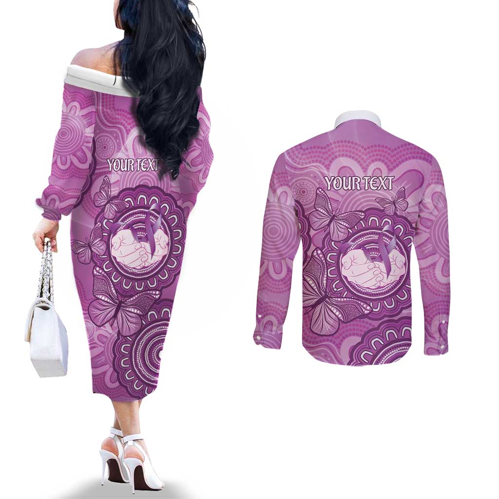 Australia Lupus Awareness Month Personalised Couples Matching Off The Shoulder Long Sleeve Dress and Long Sleeve Button Shirt Warrior Purple Ribbon Butterflies Indigenous Art