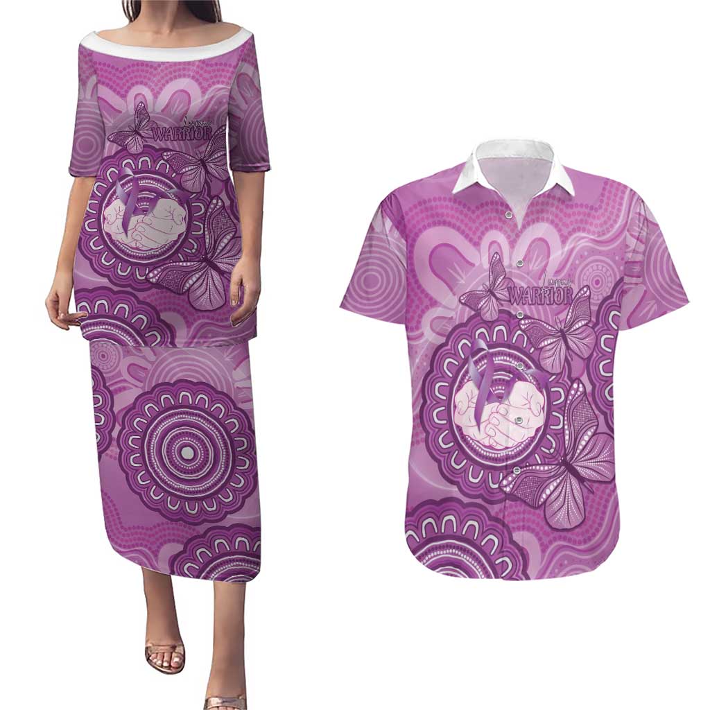 Australia Lupus Awareness Month Personalised Couples Matching Puletasi and Hawaiian Shirt Warrior Purple Ribbon Butterflies Indigenous Art