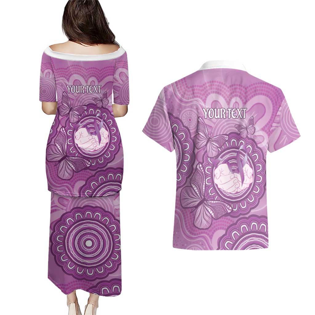 Australia Lupus Awareness Month Personalised Couples Matching Puletasi and Hawaiian Shirt Warrior Purple Ribbon Butterflies Indigenous Art