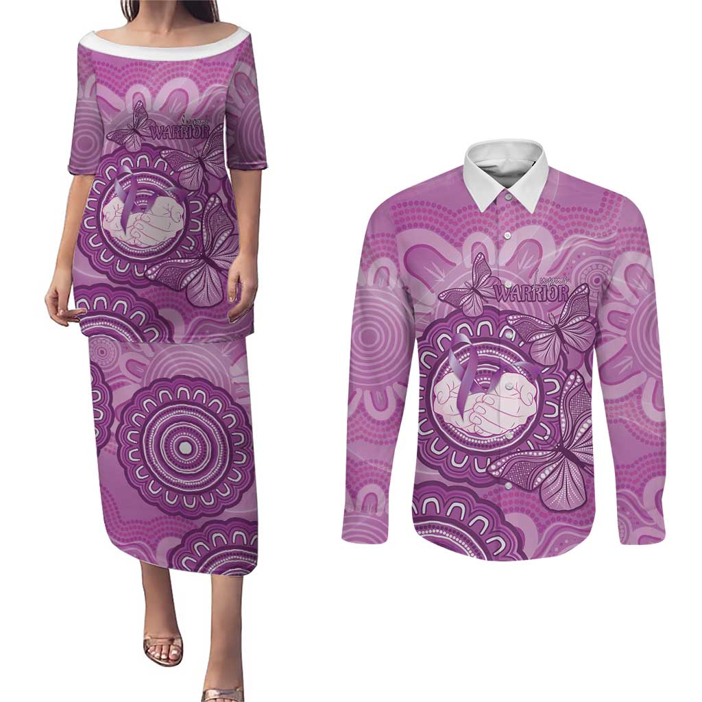 Australia Lupus Awareness Month Personalised Couples Matching Puletasi and Long Sleeve Button Shirt Warrior Purple Ribbon Butterflies Indigenous Art