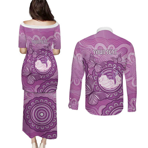 Australia Lupus Awareness Month Personalised Couples Matching Puletasi and Long Sleeve Button Shirt Warrior Purple Ribbon Butterflies Indigenous Art