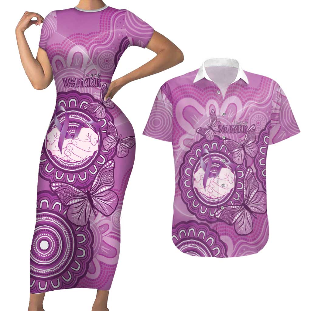 Australia Lupus Awareness Month Personalised Couples Matching Short Sleeve Bodycon Dress and Hawaiian Shirt Warrior Purple Ribbon Butterflies Indigenous Art