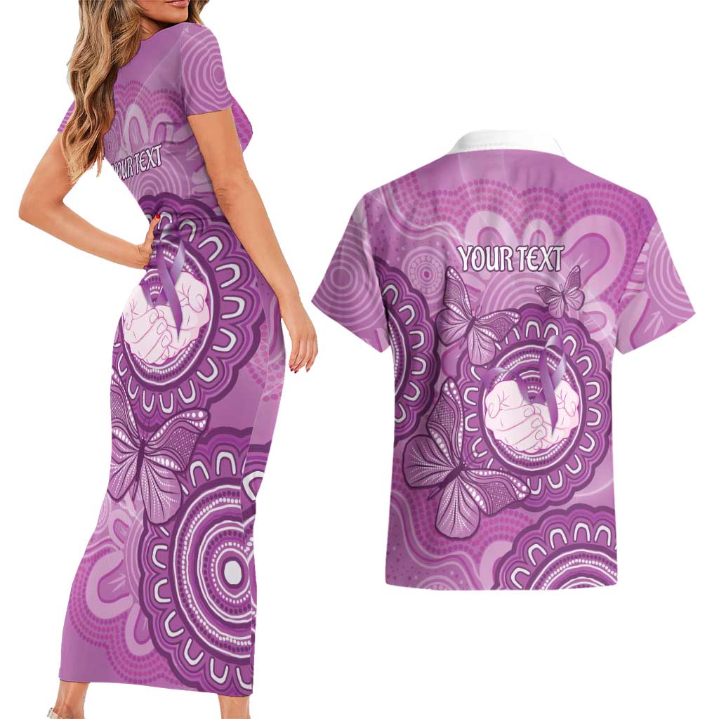 Australia Lupus Awareness Month Personalised Couples Matching Short Sleeve Bodycon Dress and Hawaiian Shirt Warrior Purple Ribbon Butterflies Indigenous Art