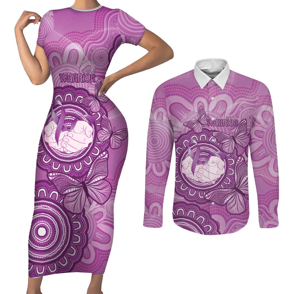 Australia Lupus Awareness Month Personalised Couples Matching Short Sleeve Bodycon Dress and Long Sleeve Button Shirt Warrior Purple Ribbon Butterflies Indigenous Art