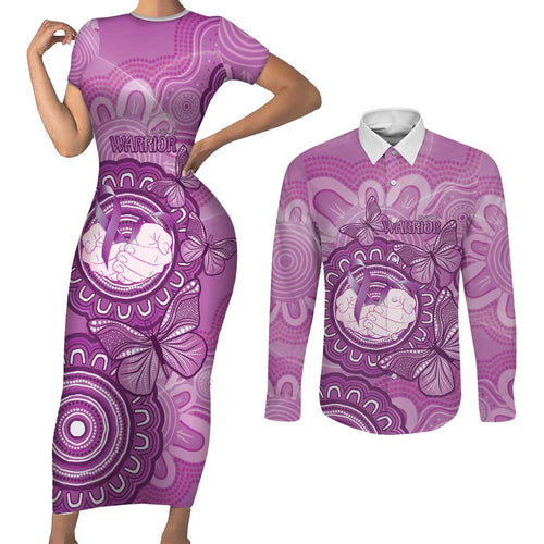 Australia Lupus Awareness Month Personalised Couples Matching Short Sleeve Bodycon Dress and Long Sleeve Button Shirt Warrior Purple Ribbon Butterflies Indigenous Art