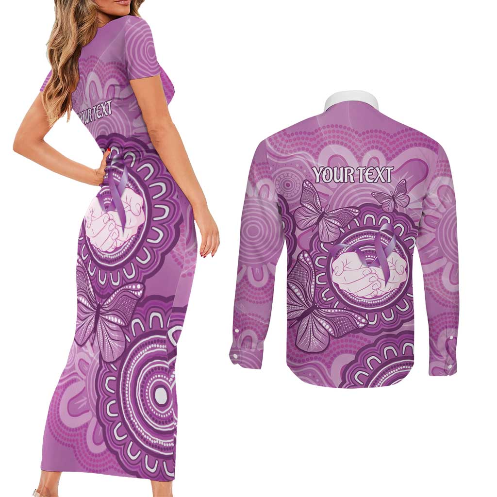 Australia Lupus Awareness Month Personalised Couples Matching Short Sleeve Bodycon Dress and Long Sleeve Button Shirt Warrior Purple Ribbon Butterflies Indigenous Art