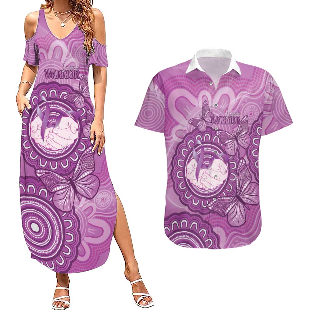 Australia Lupus Awareness Month Personalised Couples Matching Summer Maxi Dress and Hawaiian Shirt Warrior Purple Ribbon Butterflies Indigenous Art