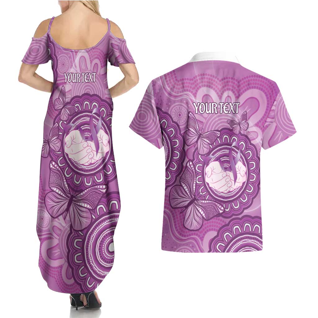 Australia Lupus Awareness Month Personalised Couples Matching Summer Maxi Dress and Hawaiian Shirt Warrior Purple Ribbon Butterflies Indigenous Art