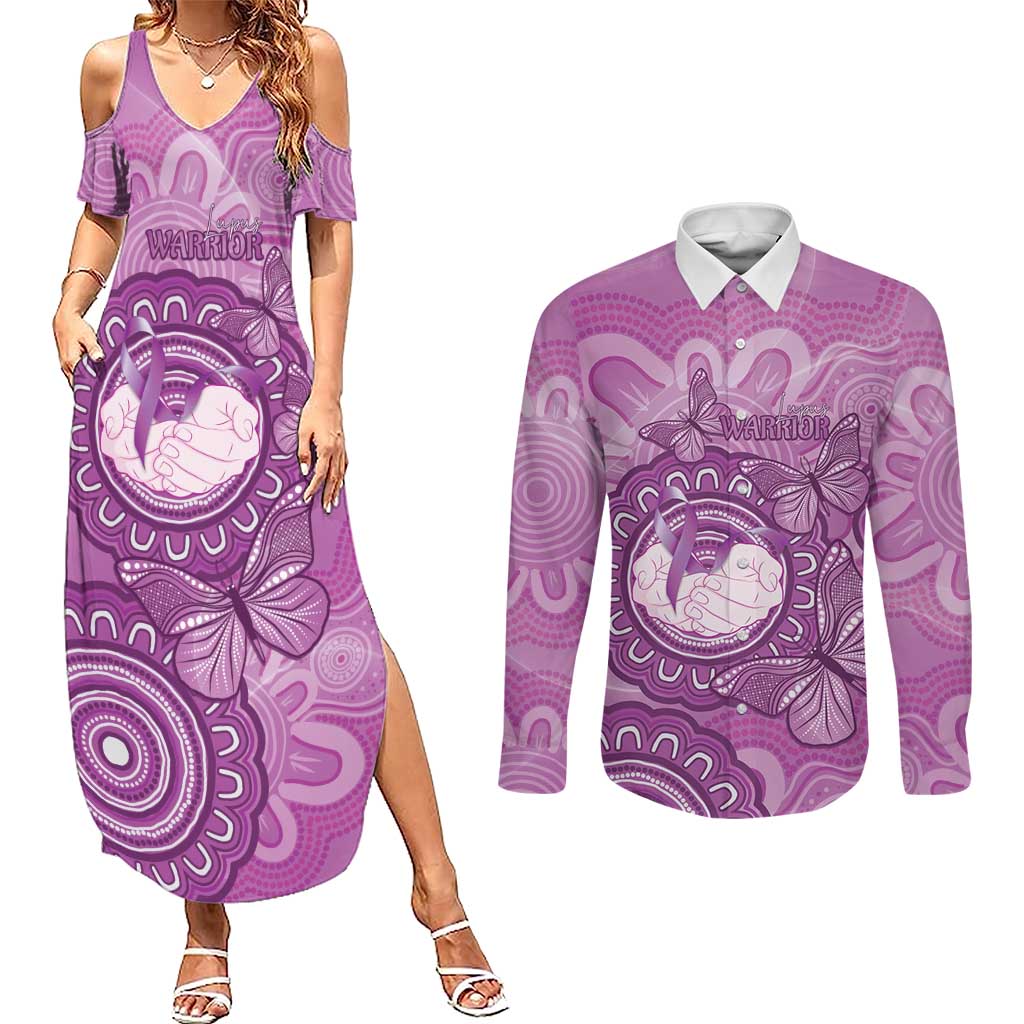 Australia Lupus Awareness Month Personalised Couples Matching Summer Maxi Dress and Long Sleeve Button Shirt Warrior Purple Ribbon Butterflies Indigenous Art