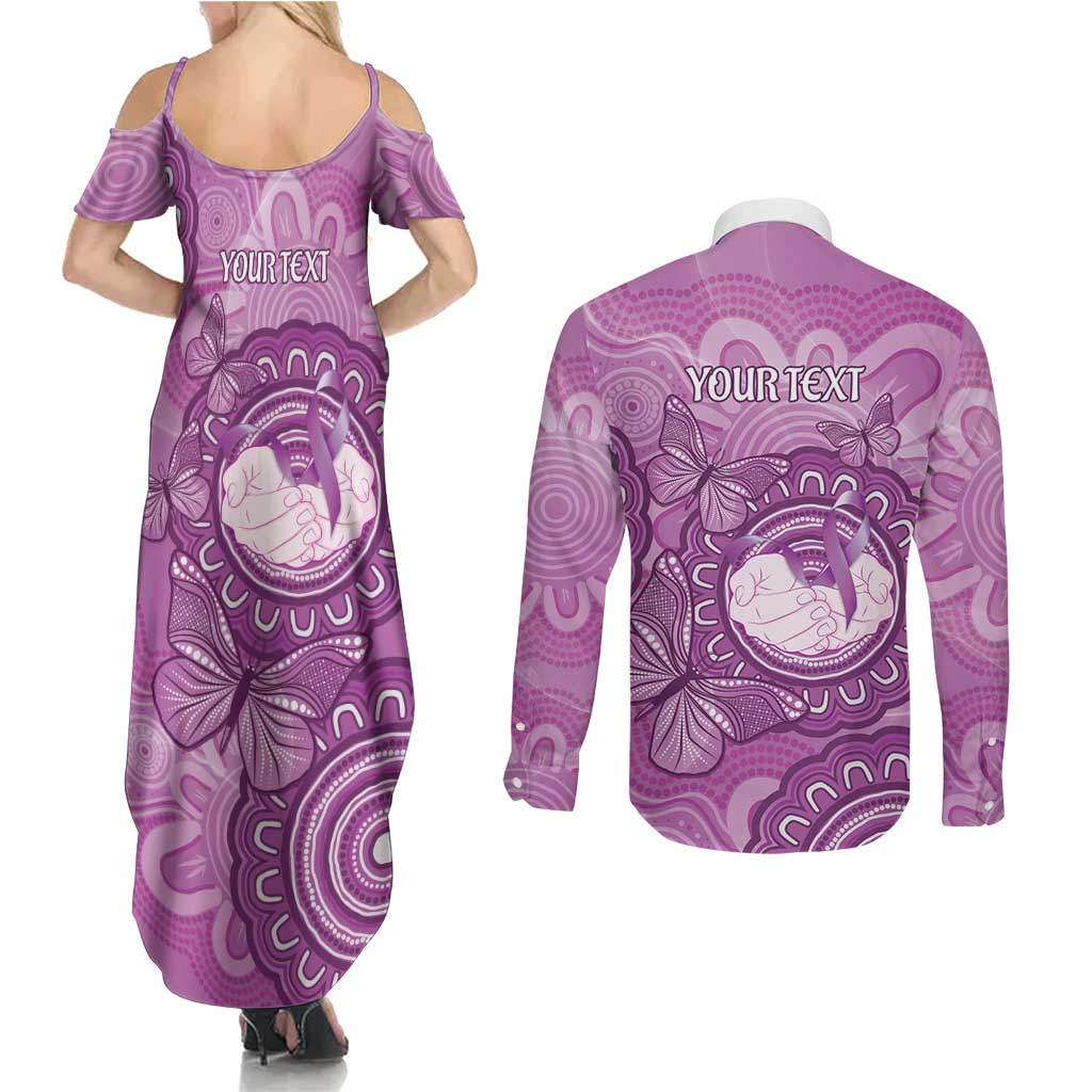 Australia Lupus Awareness Month Personalised Couples Matching Summer Maxi Dress and Long Sleeve Button Shirt Warrior Purple Ribbon Butterflies Indigenous Art