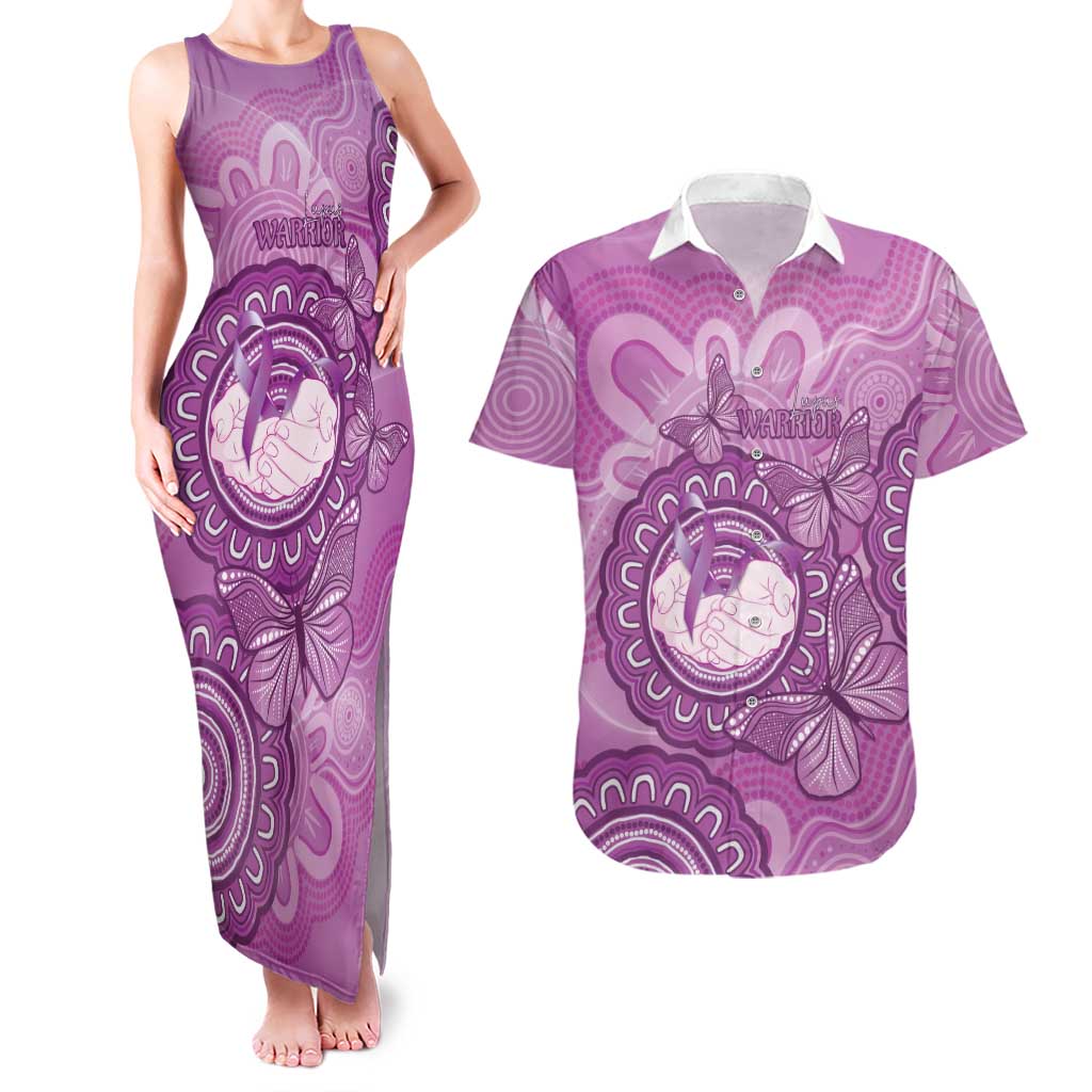 Australia Lupus Awareness Month Personalised Couples Matching Tank Maxi Dress and Hawaiian Shirt Warrior Purple Ribbon Butterflies Indigenous Art