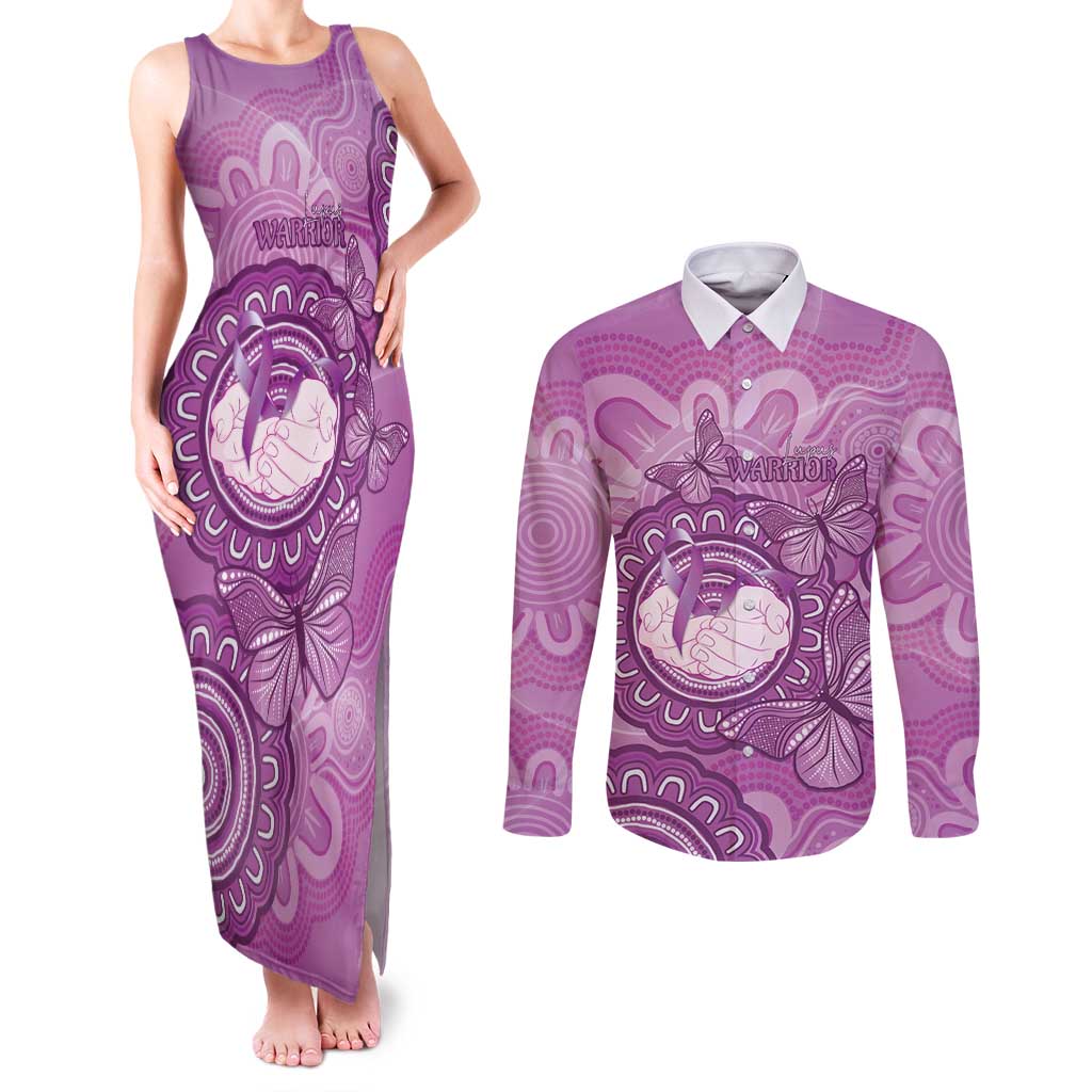 Australia Lupus Awareness Month Personalised Couples Matching Tank Maxi Dress and Long Sleeve Button Shirt Warrior Purple Ribbon Butterflies Indigenous Art