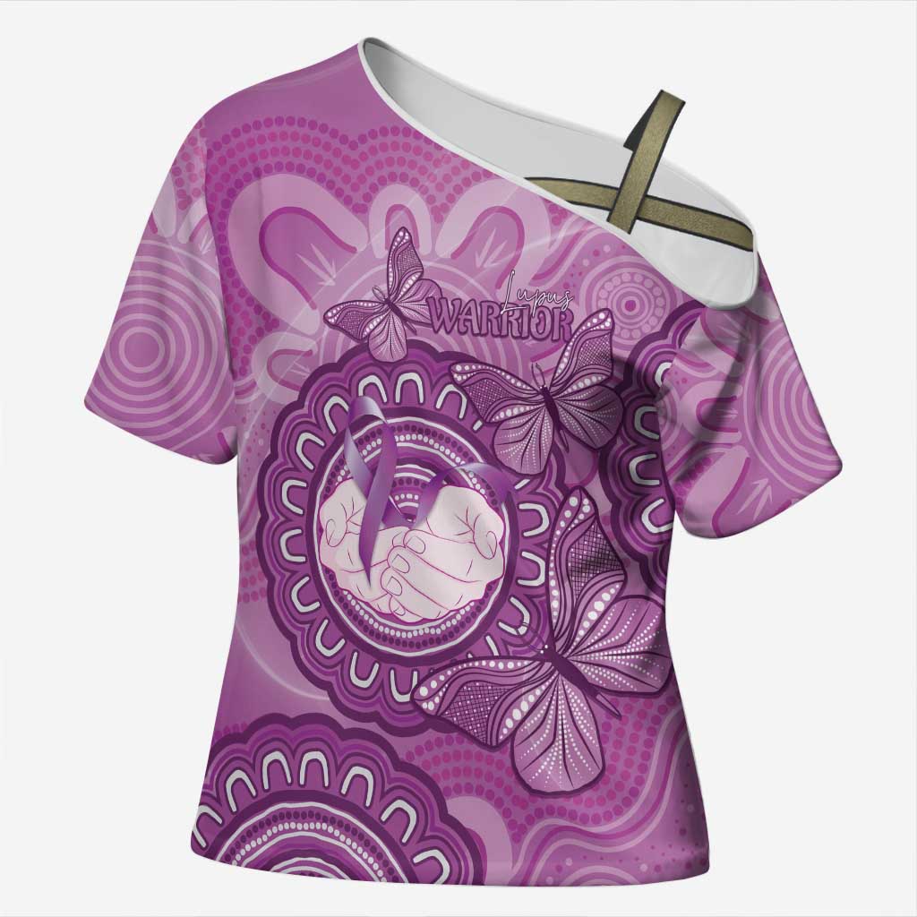 Australia Lupus Awareness Month Personalised Cross Shoulder Shirt Warrior Purple Ribbon Butterflies Indigenous Art