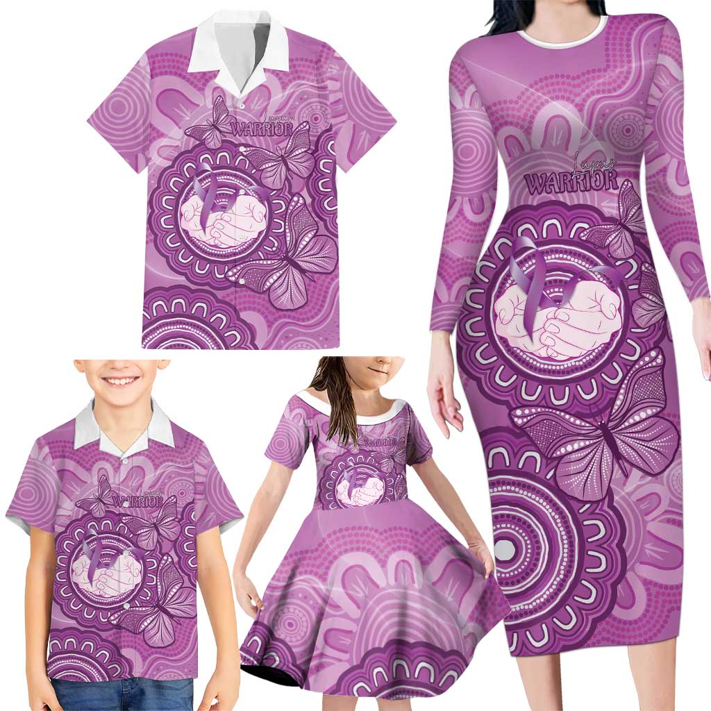 Australia Lupus Awareness Month Personalised Family Matching Long Sleeve Bodycon Dress and Hawaiian Shirt Warrior Purple Ribbon Butterflies Indigenous Art