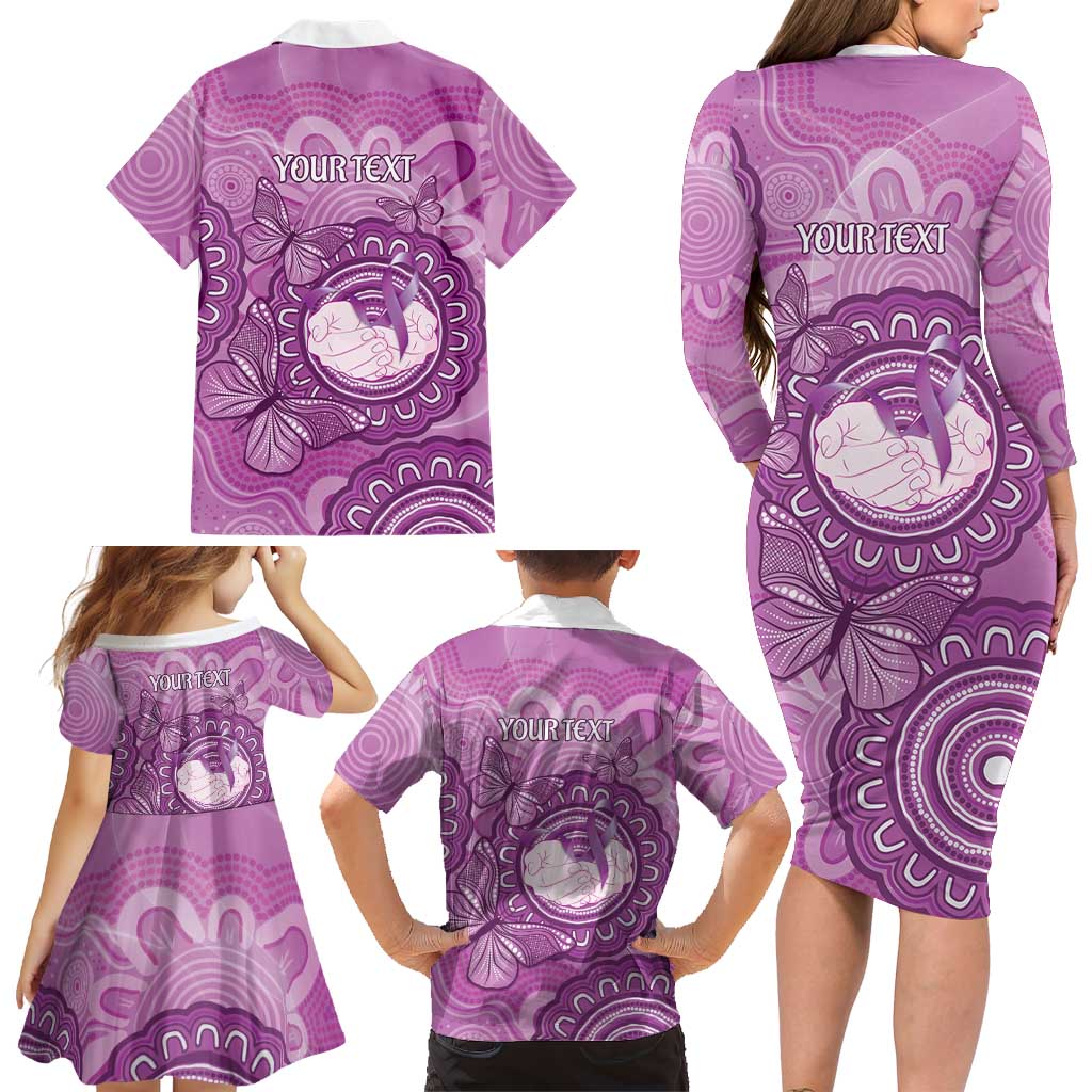 Australia Lupus Awareness Month Personalised Family Matching Long Sleeve Bodycon Dress and Hawaiian Shirt Warrior Purple Ribbon Butterflies Indigenous Art