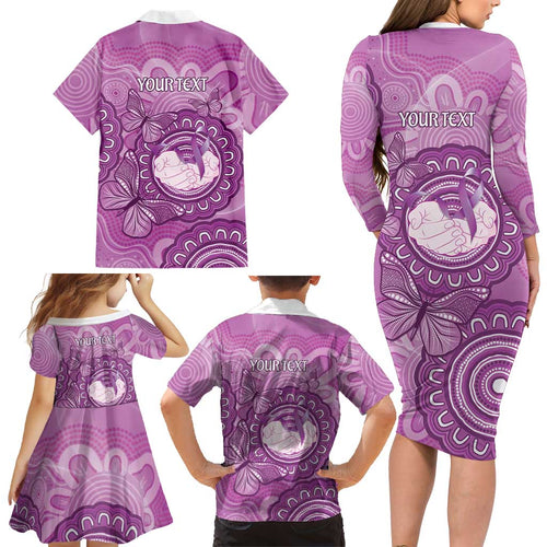 Australia Lupus Awareness Month Personalised Family Matching Long Sleeve Bodycon Dress and Hawaiian Shirt Warrior Purple Ribbon Butterflies Indigenous Art