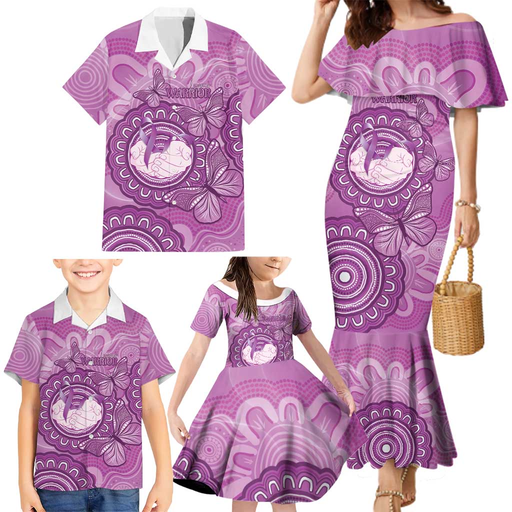Australia Lupus Awareness Month Personalised Family Matching Mermaid Dress and Hawaiian Shirt Warrior Purple Ribbon Butterflies Indigenous Art