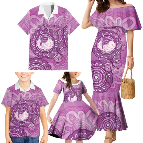 Australia Lupus Awareness Month Personalised Family Matching Mermaid Dress and Hawaiian Shirt Warrior Purple Ribbon Butterflies Indigenous Art