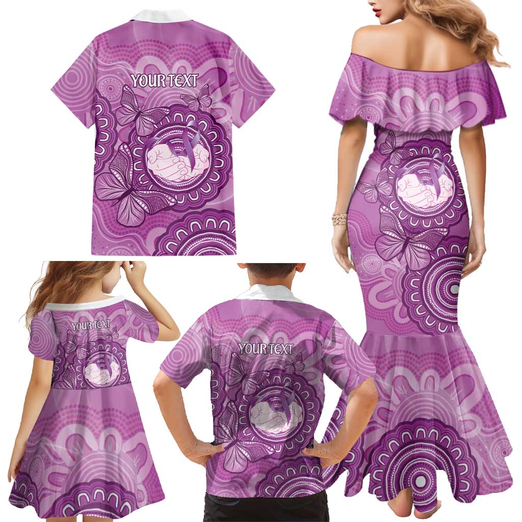 Australia Lupus Awareness Month Personalised Family Matching Mermaid Dress and Hawaiian Shirt Warrior Purple Ribbon Butterflies Indigenous Art