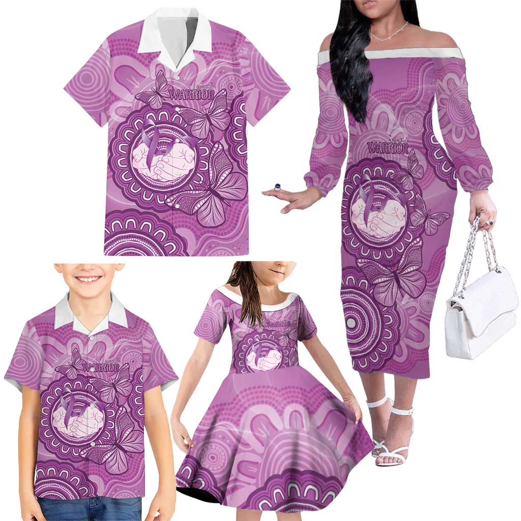 Australia Lupus Awareness Month Personalised Family Matching Off The Shoulder Long Sleeve Dress and Hawaiian Shirt Warrior Purple Ribbon Butterflies Indigenous Art