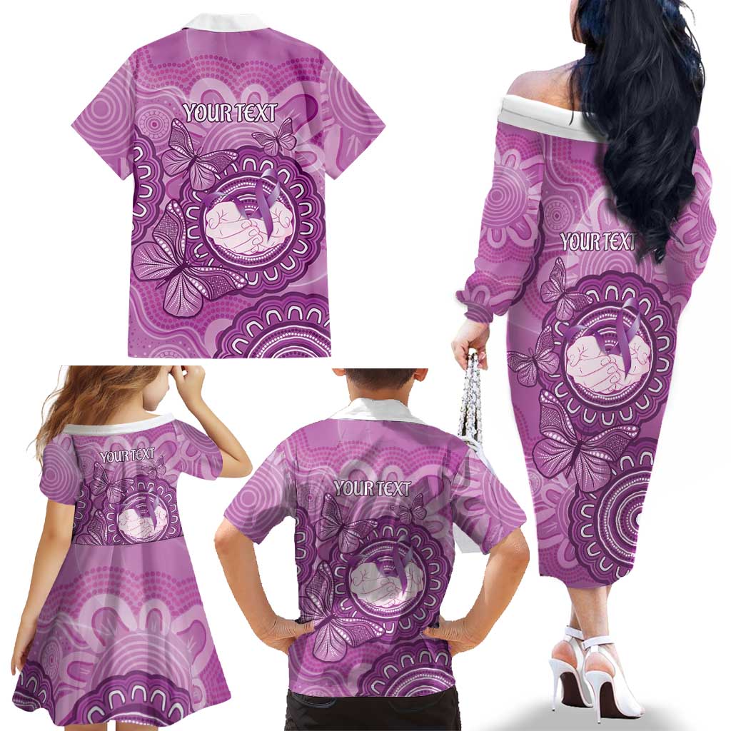 Australia Lupus Awareness Month Personalised Family Matching Off The Shoulder Long Sleeve Dress and Hawaiian Shirt Warrior Purple Ribbon Butterflies Indigenous Art