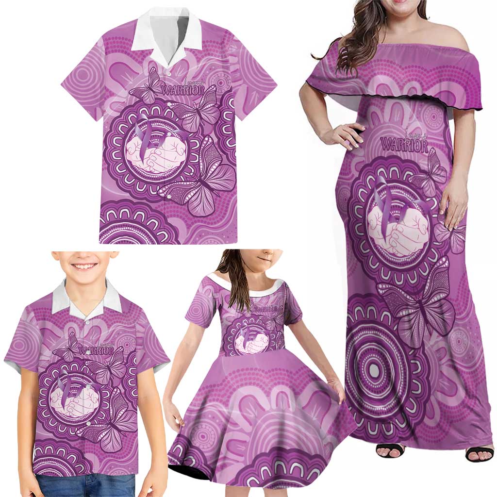 Australia Lupus Awareness Month Personalised Family Matching Off Shoulder Maxi Dress and Hawaiian Shirt Warrior Purple Ribbon Butterflies Indigenous Art