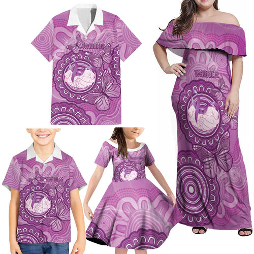 Australia Lupus Awareness Month Personalised Family Matching Off Shoulder Maxi Dress and Hawaiian Shirt Warrior Purple Ribbon Butterflies Indigenous Art