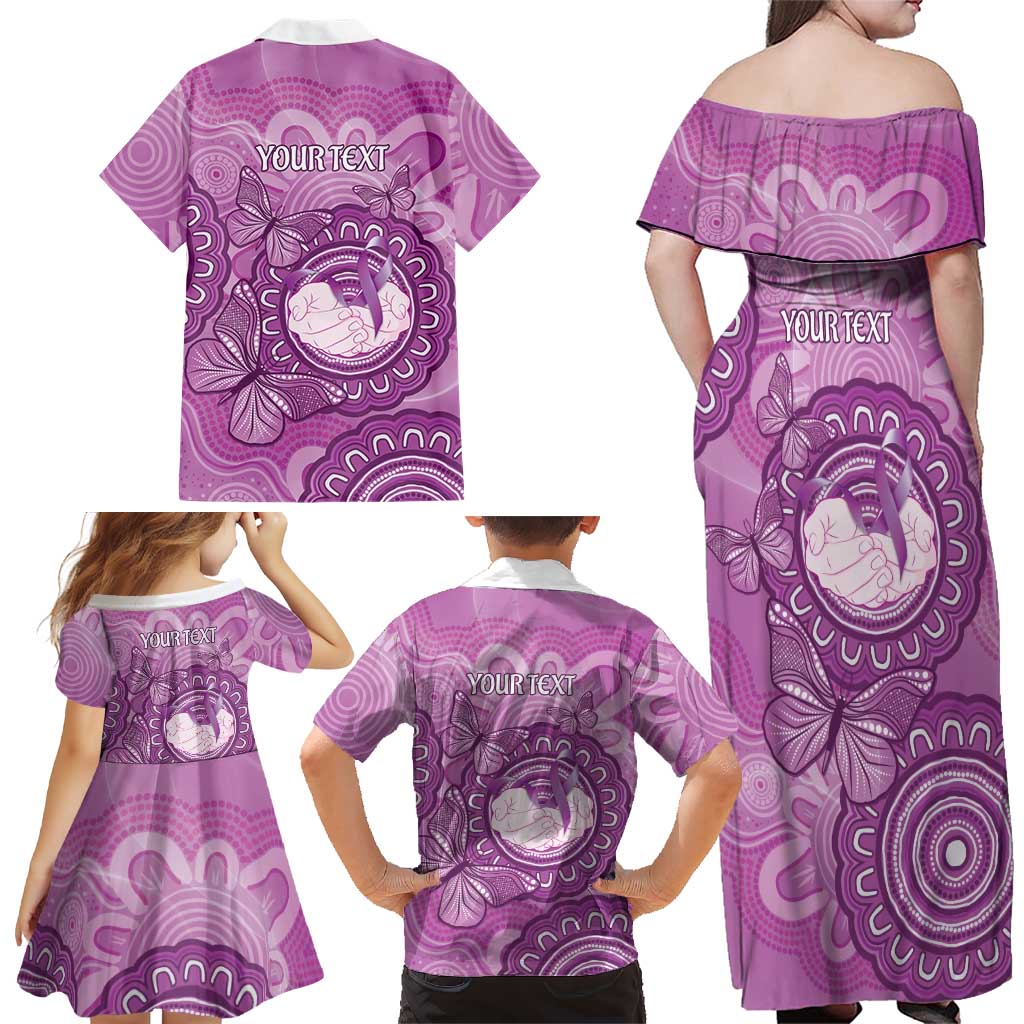 Australia Lupus Awareness Month Personalised Family Matching Off Shoulder Maxi Dress and Hawaiian Shirt Warrior Purple Ribbon Butterflies Indigenous Art