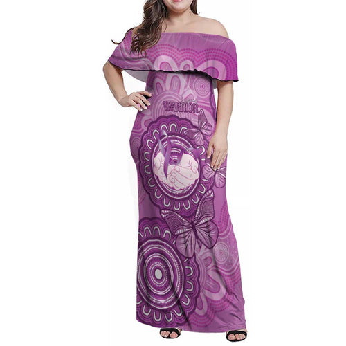 Australia Lupus Awareness Month Personalised Family Matching Off Shoulder Maxi Dress and Hawaiian Shirt Warrior Purple Ribbon Butterflies Indigenous Art