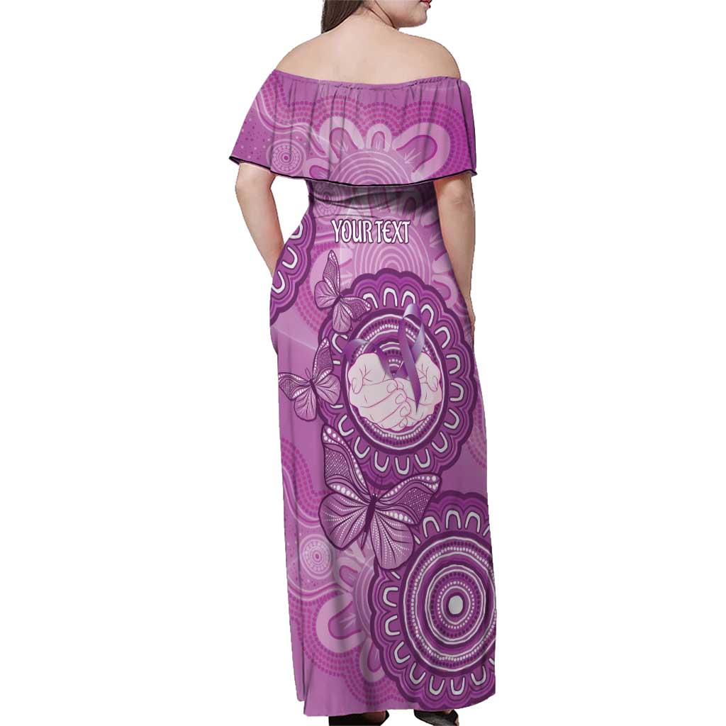 Australia Lupus Awareness Month Personalised Family Matching Off Shoulder Maxi Dress and Hawaiian Shirt Warrior Purple Ribbon Butterflies Indigenous Art