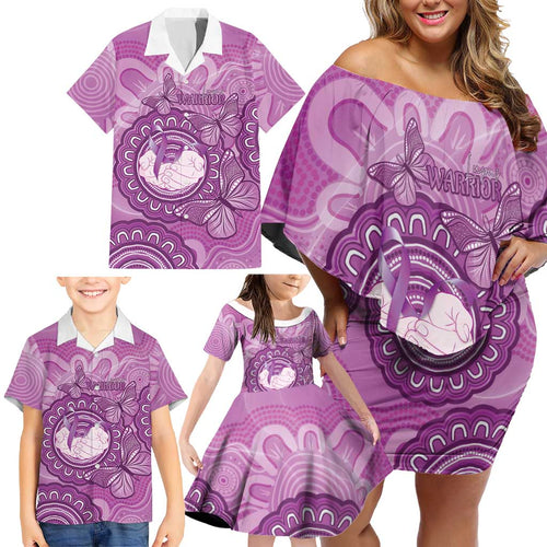 Australia Lupus Awareness Month Personalised Family Matching Off Shoulder Short Dress and Hawaiian Shirt Warrior Purple Ribbon Butterflies Indigenous Art