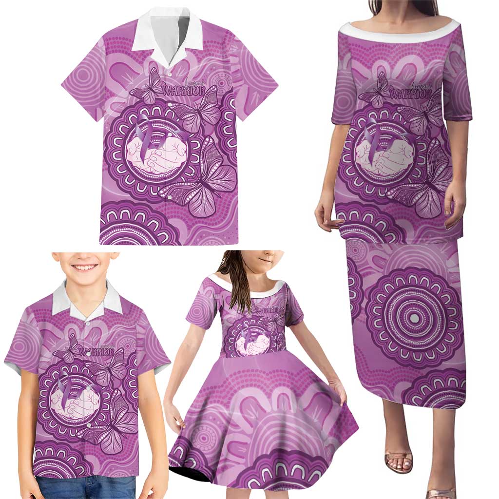 Australia Lupus Awareness Month Personalised Family Matching Puletasi and Hawaiian Shirt Warrior Purple Ribbon Butterflies Indigenous Art