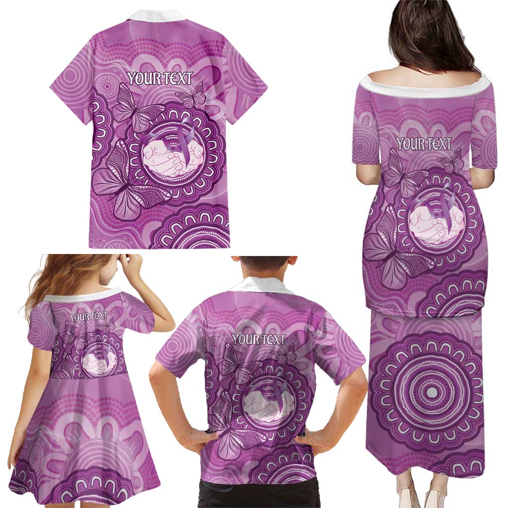 Australia Lupus Awareness Month Personalised Family Matching Puletasi and Hawaiian Shirt Warrior Purple Ribbon Butterflies Indigenous Art