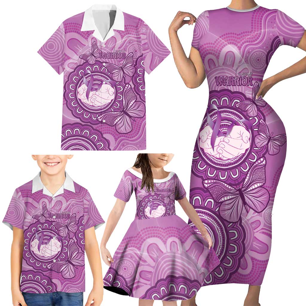 Australia Lupus Awareness Month Personalised Family Matching Short Sleeve Bodycon Dress and Hawaiian Shirt Warrior Purple Ribbon Butterflies Indigenous Art
