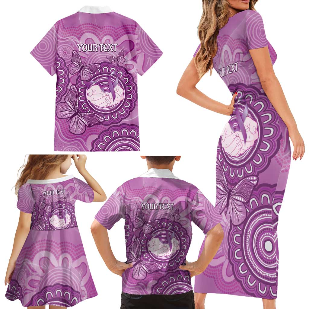 Australia Lupus Awareness Month Personalised Family Matching Short Sleeve Bodycon Dress and Hawaiian Shirt Warrior Purple Ribbon Butterflies Indigenous Art