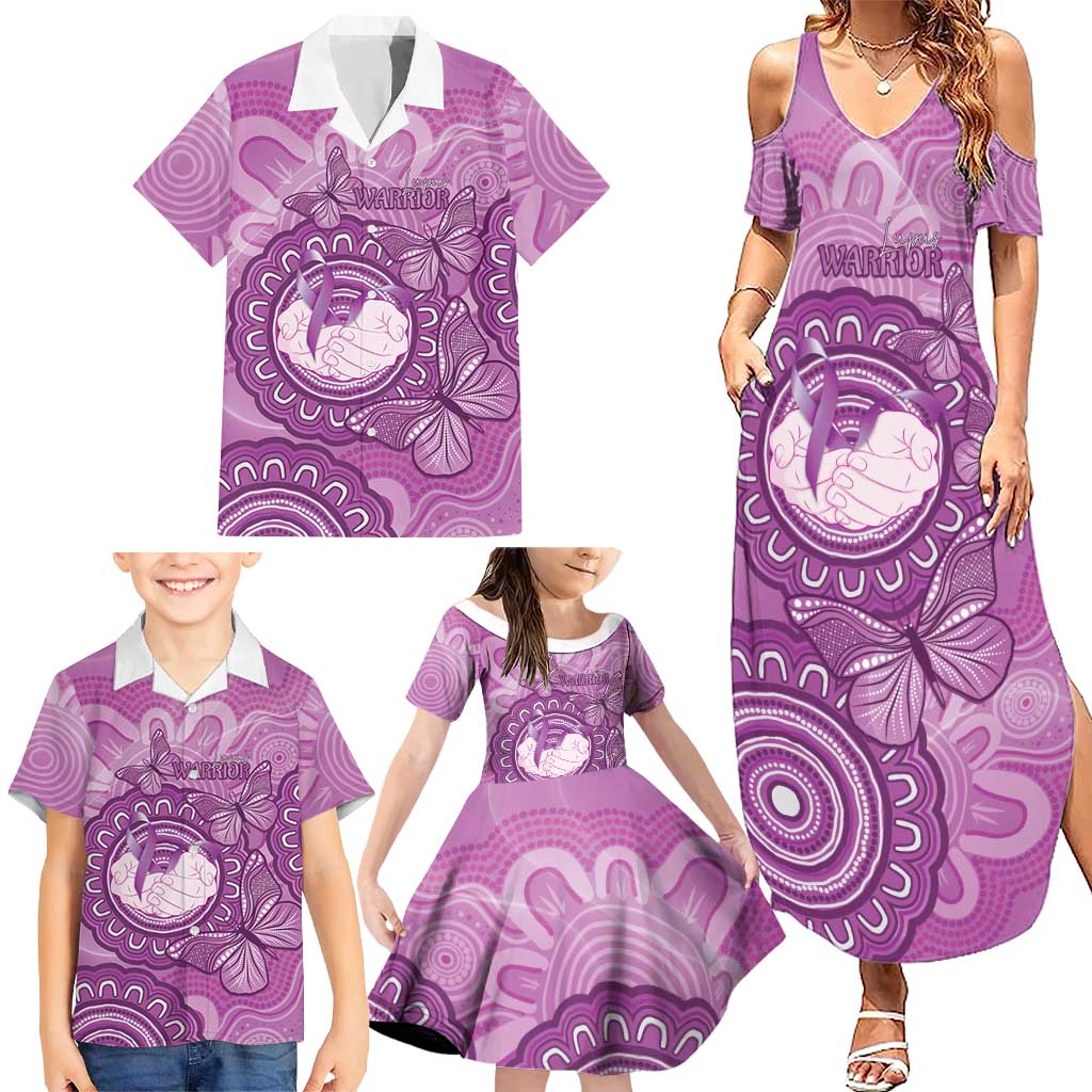 Australia Lupus Awareness Month Personalised Family Matching Summer Maxi Dress and Hawaiian Shirt Warrior Purple Ribbon Butterflies Indigenous Art