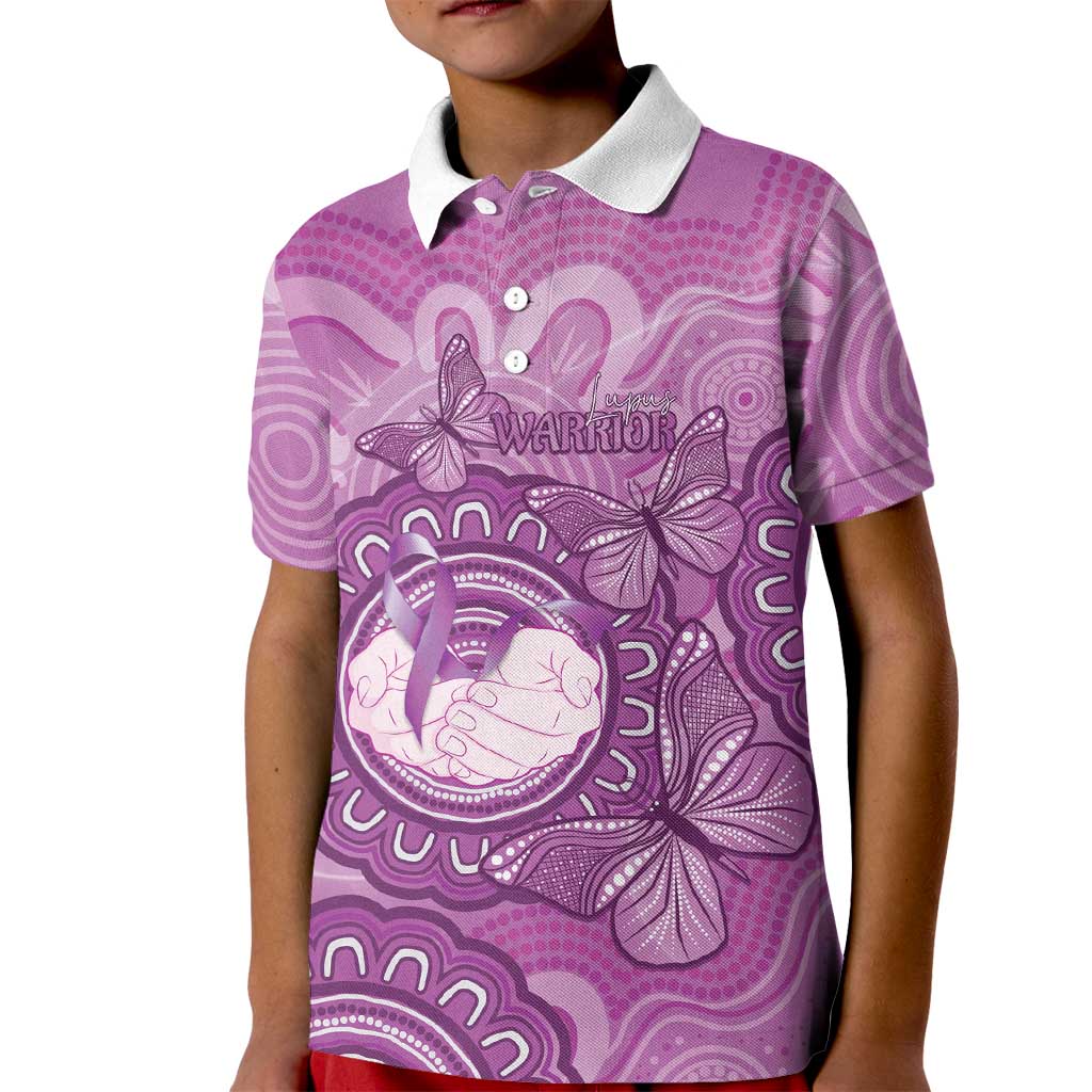 Australia Lupus Awareness Month Personalised Kid Polo Shirt Warrior Purple Ribbon Butterflies Indigenous Art