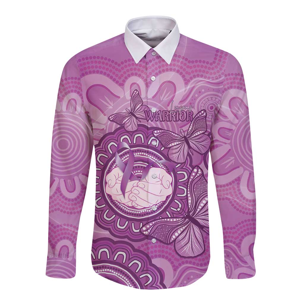 Australia Lupus Awareness Month Personalised Long Sleeve Button Shirt Warrior Purple Ribbon Butterflies Indigenous Art