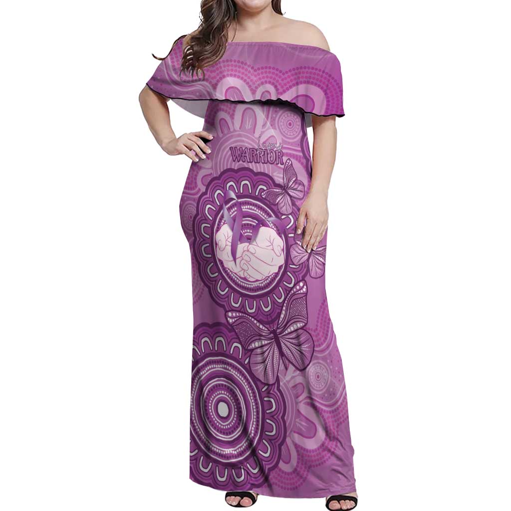 Australia Lupus Awareness Month Personalised Off Shoulder Maxi Dress Warrior Purple Ribbon Butterflies Indigenous Art